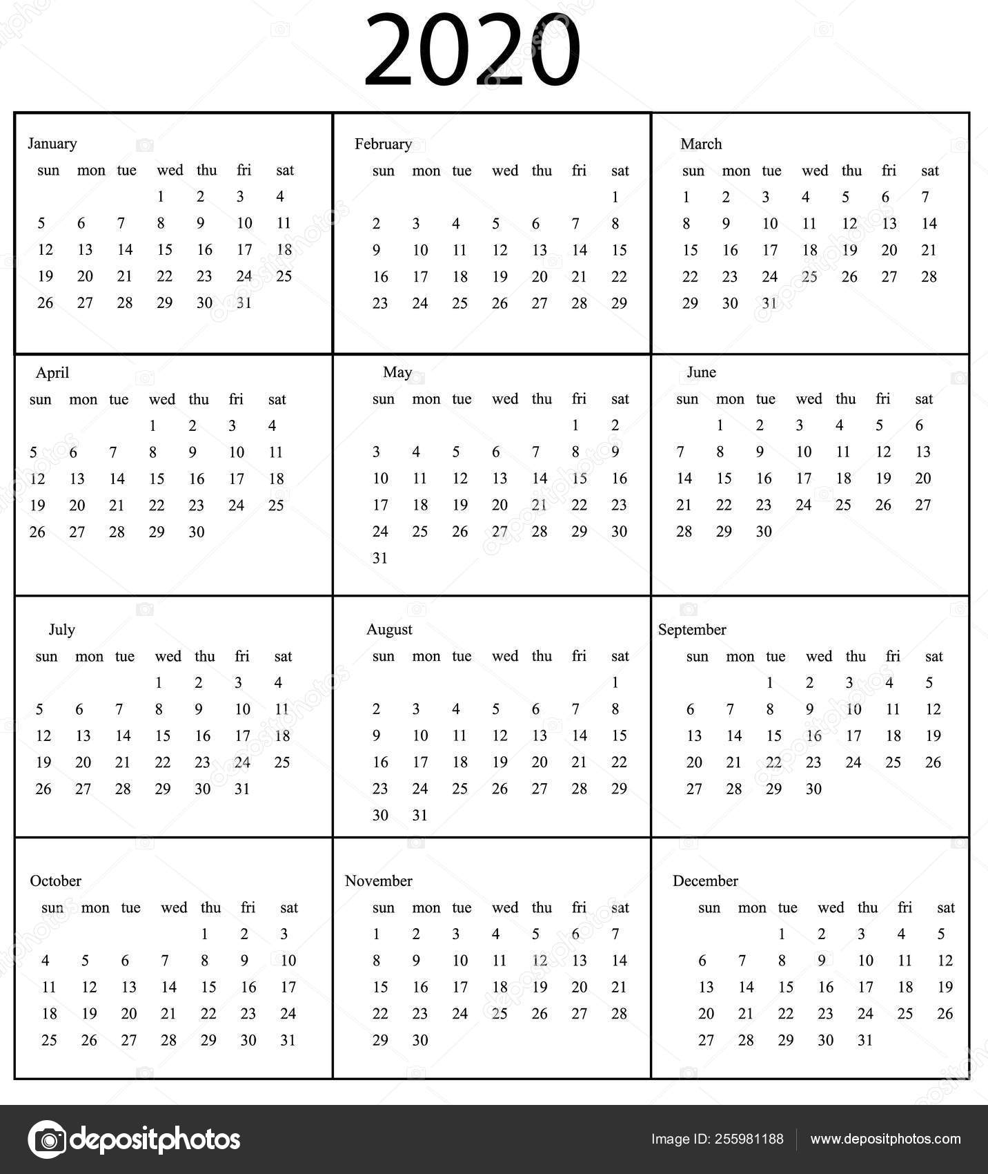 2020 Calendar Template. Starts Sunday — Stock Vector in 2020 Calendar Template Monday Sunday