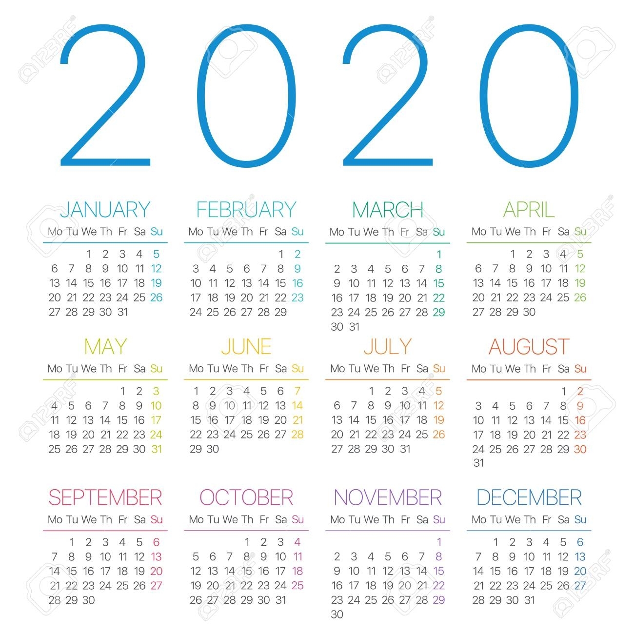 2020 Calendar Thin Line - Monday To Sunday - Vector Template inside Calendaer 2020 Monday To Sunday