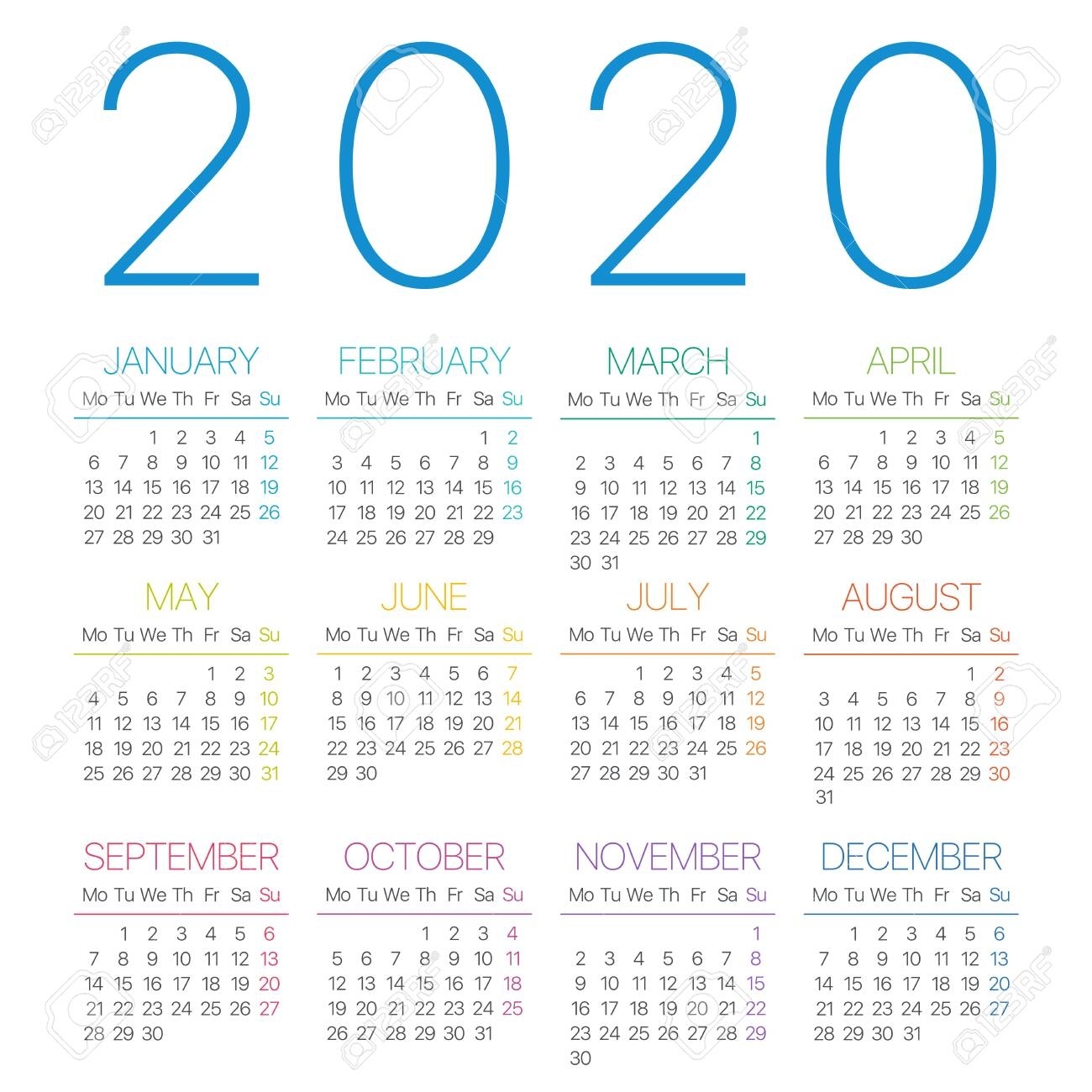 2020 Calendar Thin Line - Monday To Sunday - Vector Template regarding 2020 Calendar Template Monday Sunday