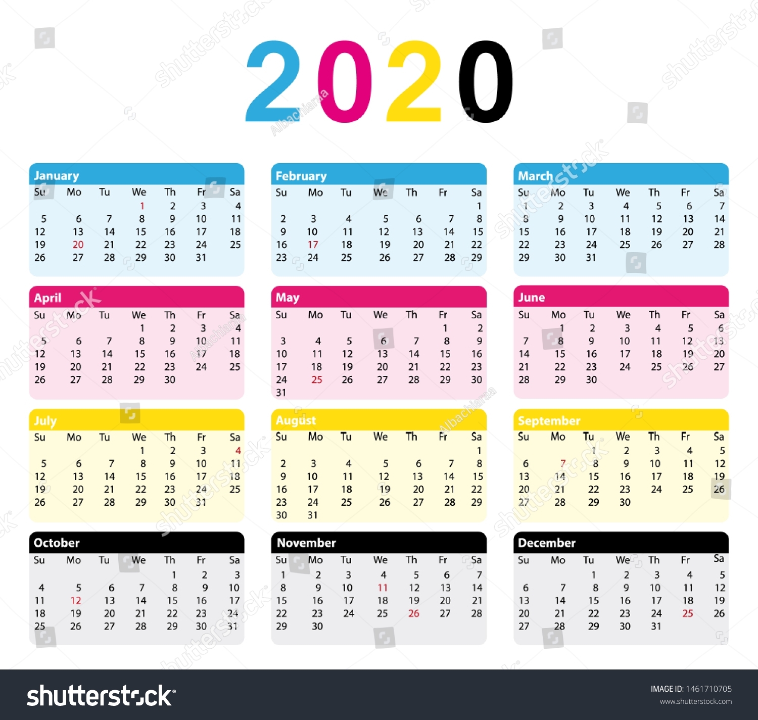 2020 Cmyk Calendar 12 Months Print Stock Illustration 1461710705 within Calendar 12-Com 2020 Monday Start