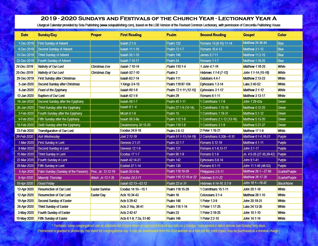 2020 Liturgical Calendar (Year A) K-2020 | Sola Publishing in Liturgical Calendar For Yearr 2020