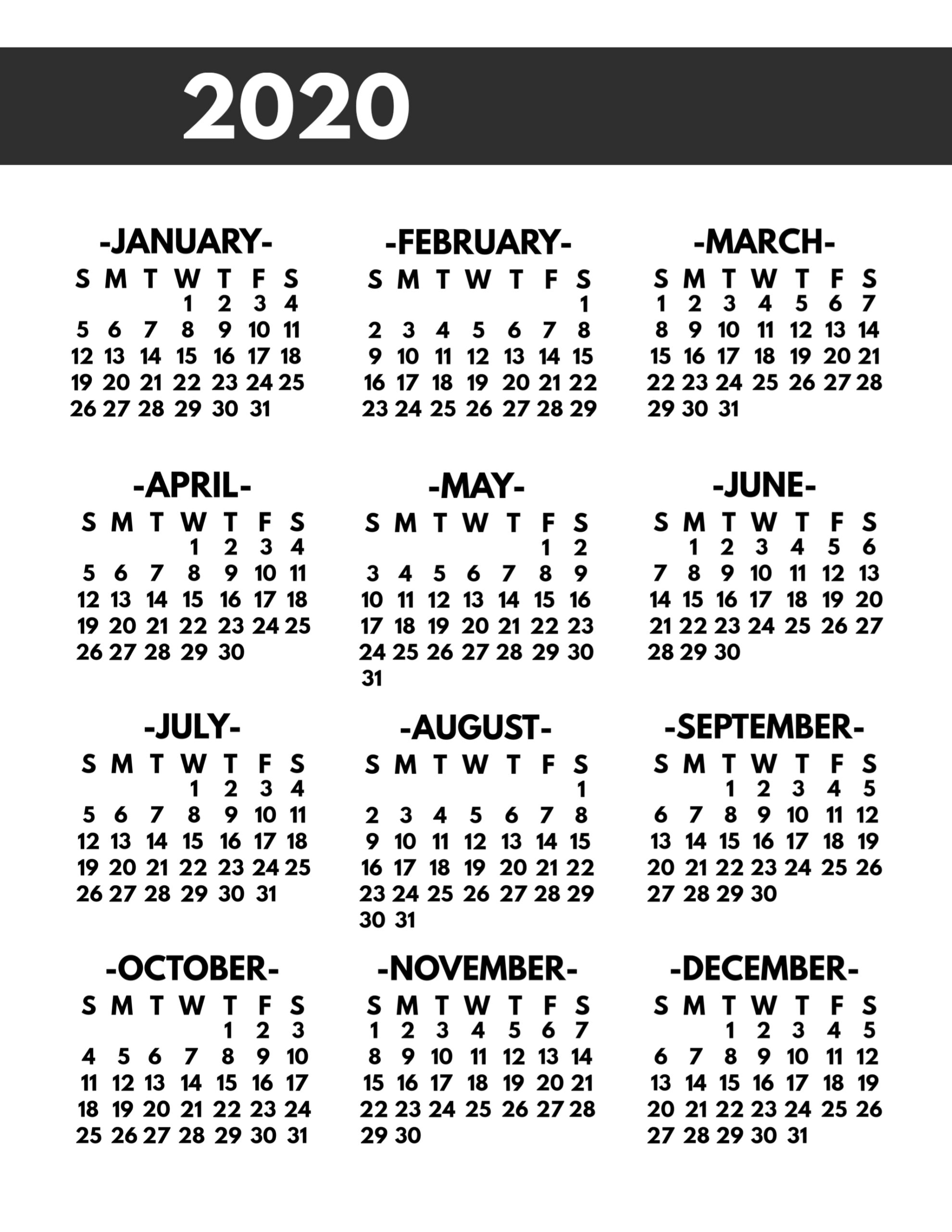 2020 Printable One Page Year At A Glance Calendar - Paper for 2020 Whole Year At A Glance