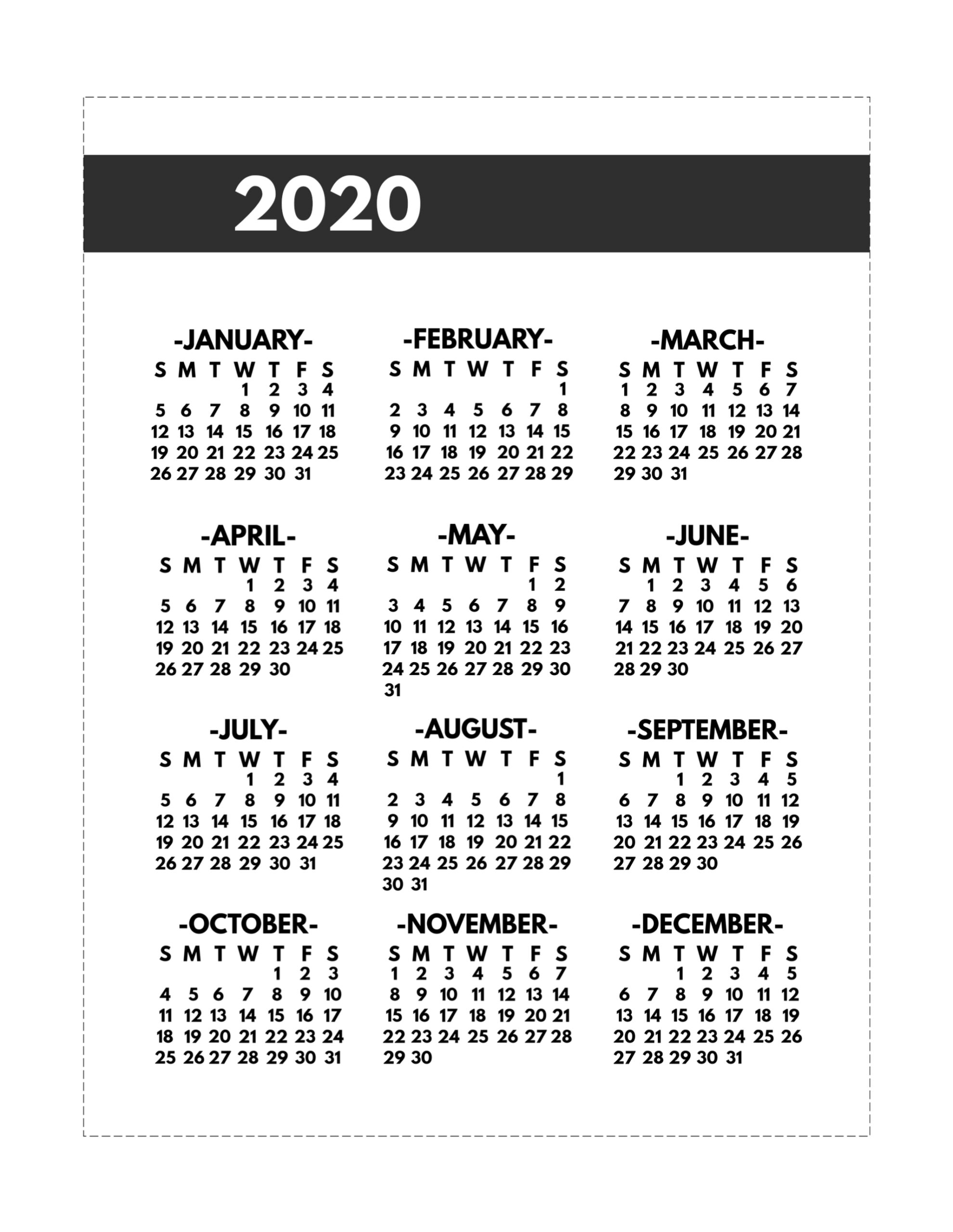 2020 Printable One Page Year At A Glance Calendar - Paper for 2020 Year T A Glance Calendar