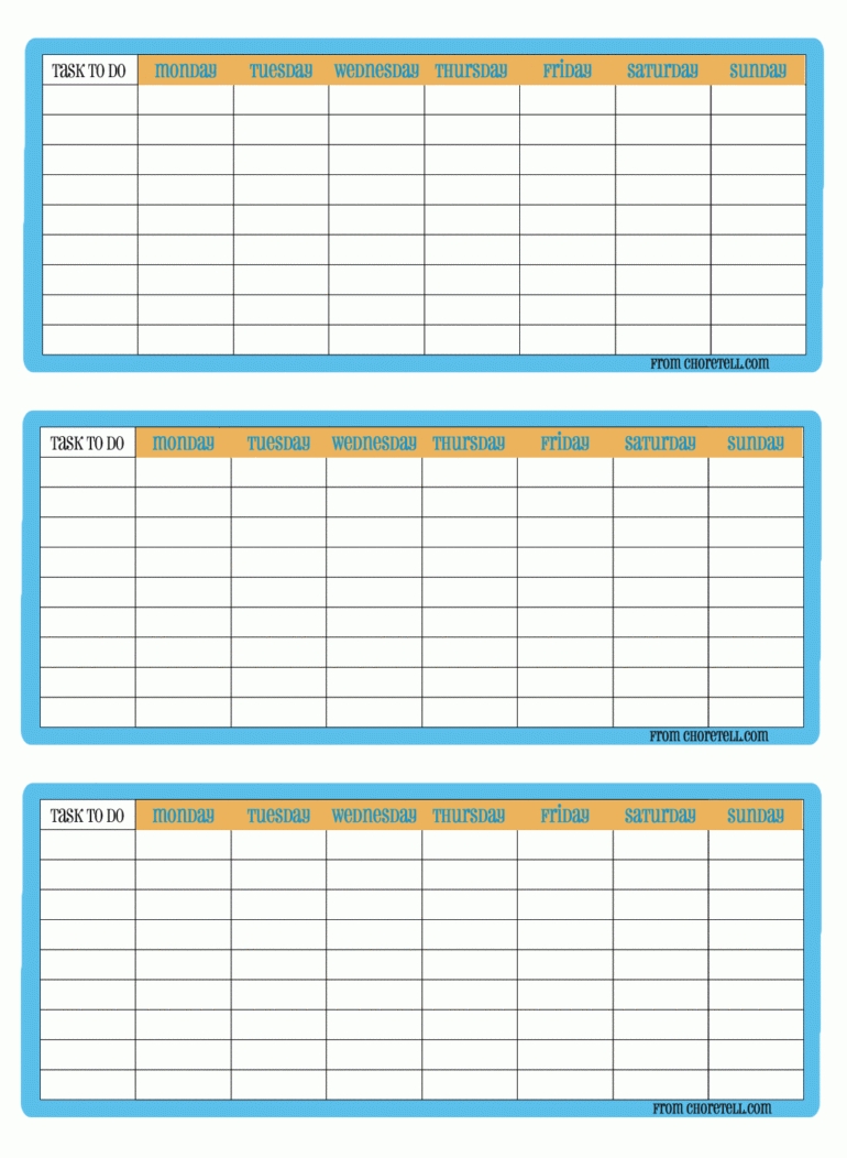 3-Up Printable Weekly Chore Charts - Free Printable for Printable Monday Through Friday Chart