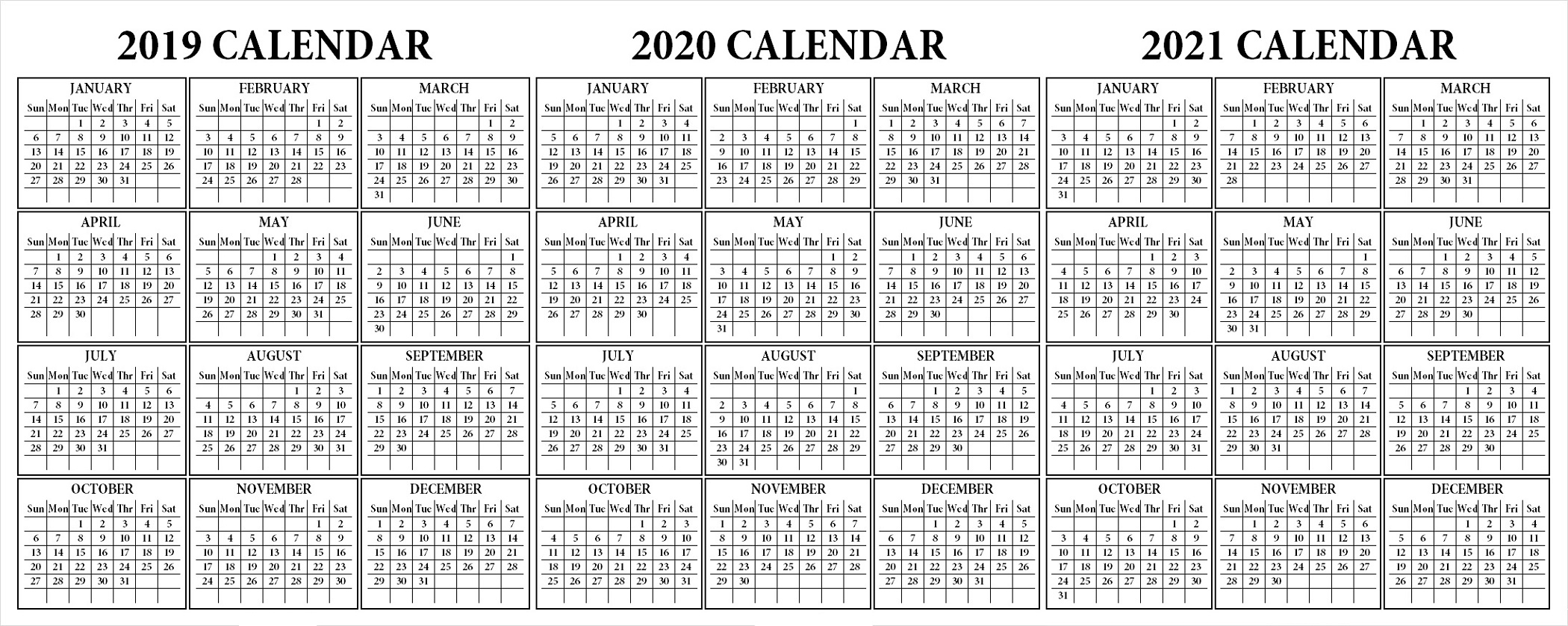 3 Year Calendar Printable 2019 2020 2021 For All Ages For for Three-Year Calendar 2019 2020 2021