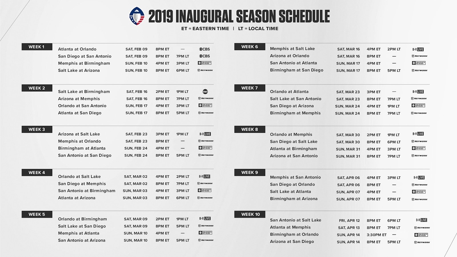 Aaf Football: 2019 Season Schedule For Alliance Of American for Printable Nfl 2019 2020 Schedule