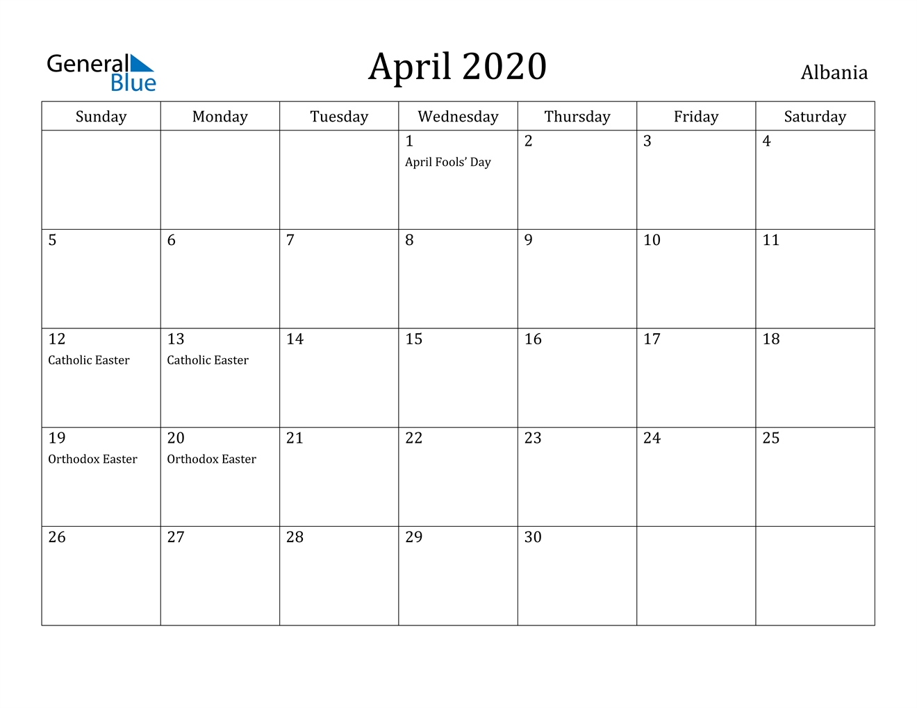 April 2020 Calendar - Albania inside Free Weekly Catholic Calendar 2020