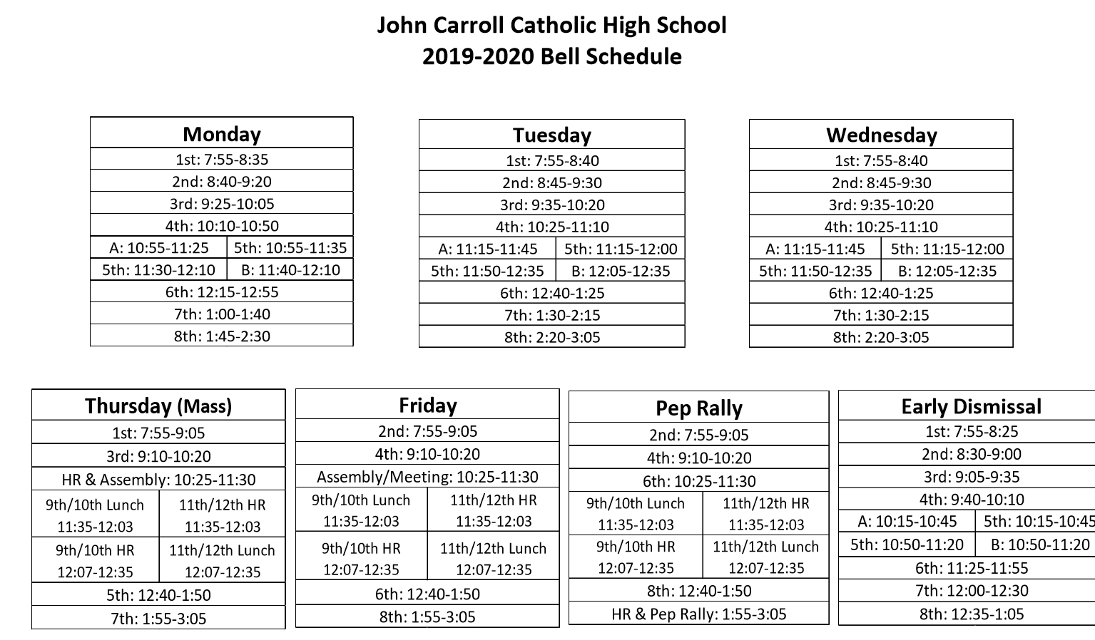 Bell Schedule &amp; Summary Calendar – Students – John Carroll for Catholic Extension Calendar 2020 Pdf