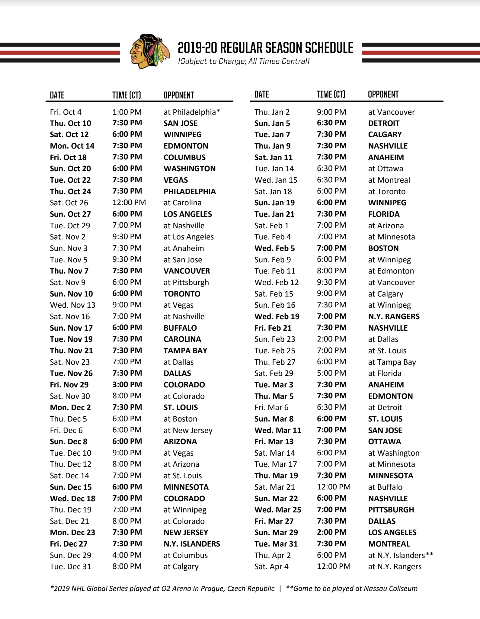 Blackhawks Release 2019-20 Schedule: Notes And Five Games To throughout Nashville Predators Schedule 2019 20 Printable