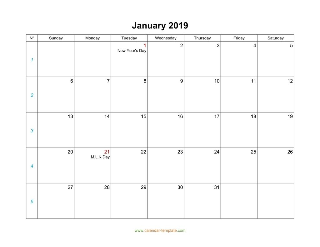 Blank Calendar 2019 for Calendar 2019 Monday To Sunday