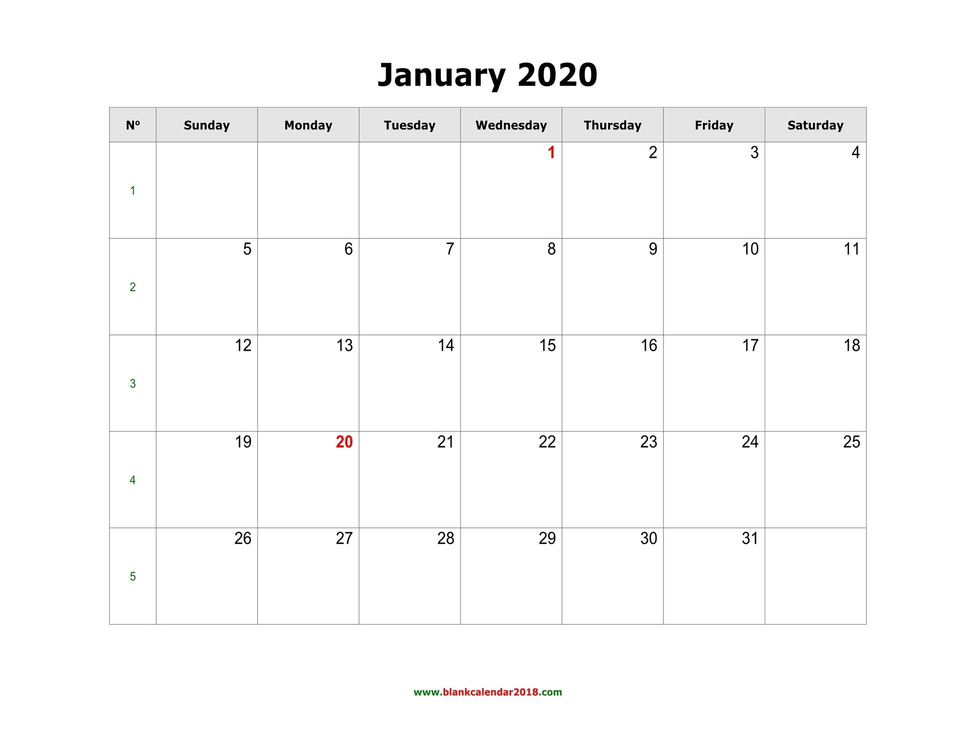 Blank Calendar 2020 with Calender 2020 With Space To Write