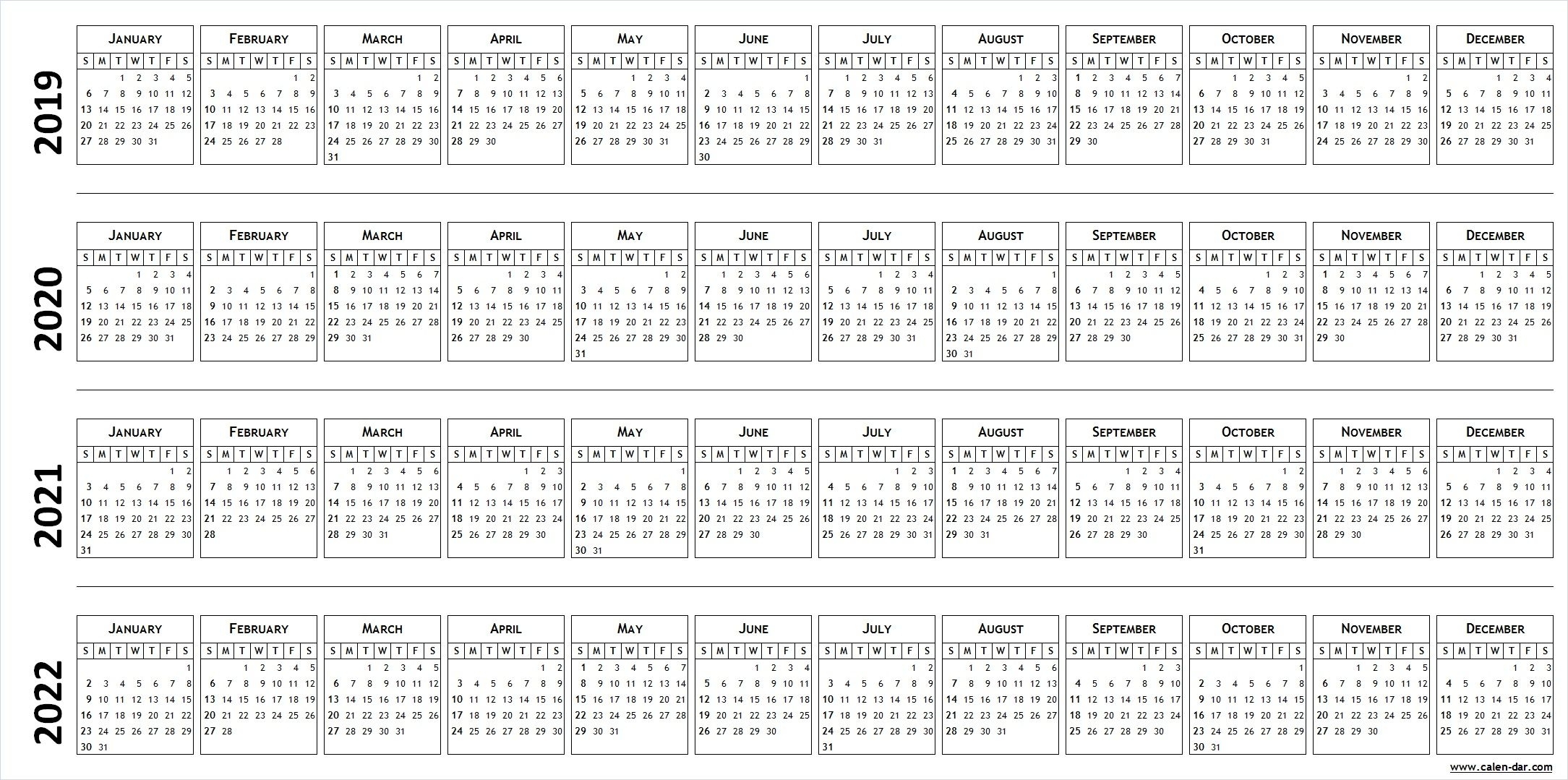 4 Year Calendar 2019 To 2022 Printable | Free Letter Templates