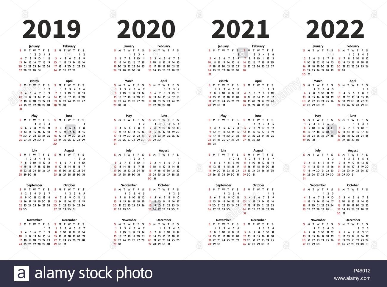 Calendar 2019, 2020, 2021 And 2022 Year Vector Design with 2019 2022 Year Calendar Printable
