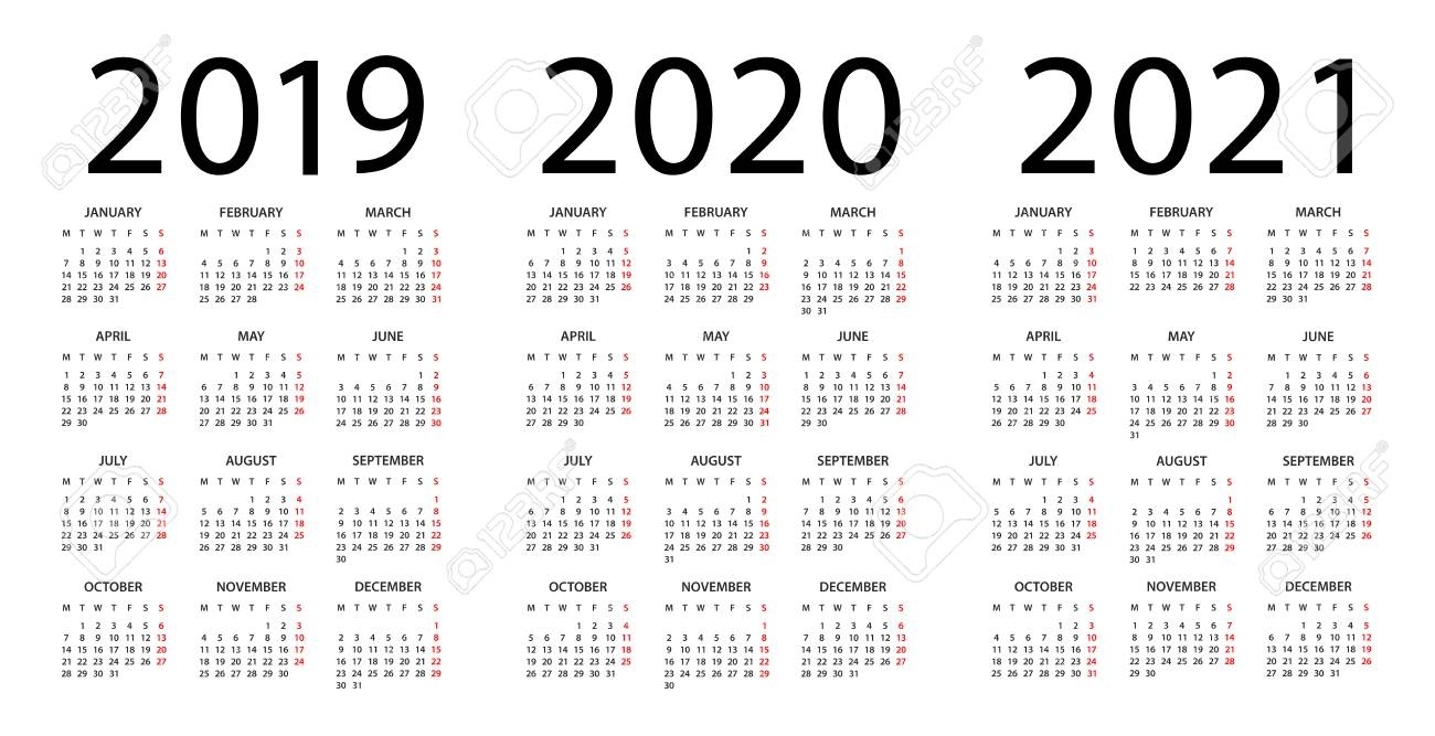 Calendar 2019 2020 2021 Year - Vector Illustration. Week Starts.. throughout Three-Year Calendar 2019 2020 2021