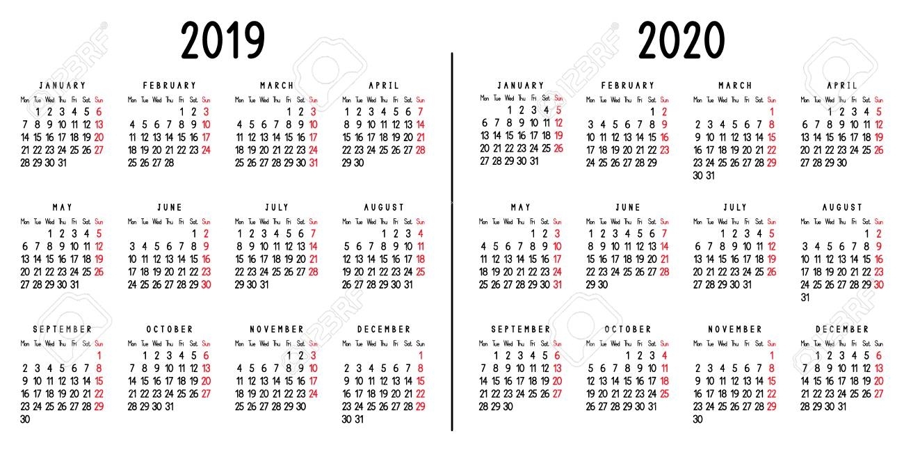 Calendar 2019 And 2020. Week Starts From Monday. Vector Illustration. with Calender For 2020 Week Wise