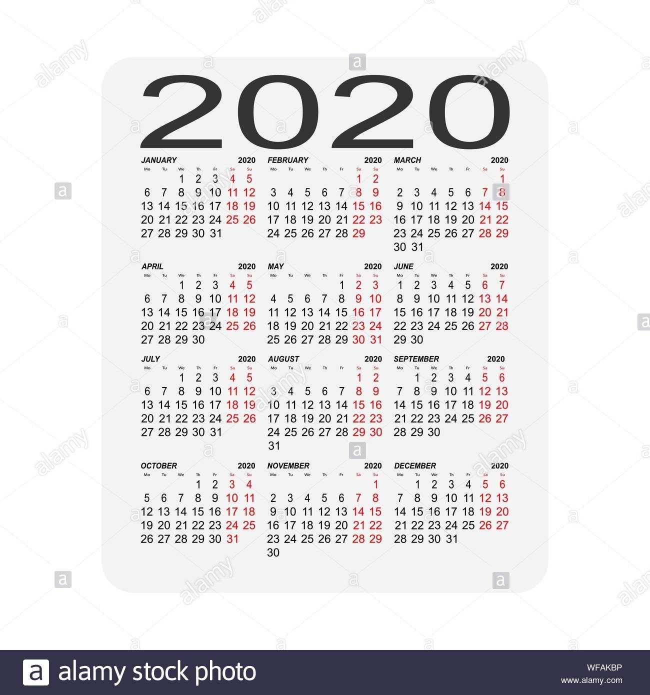 Calendar 2020. Calendar Sheet. Two Days Off A Week Stock inside Calendar Of Special Days 2020