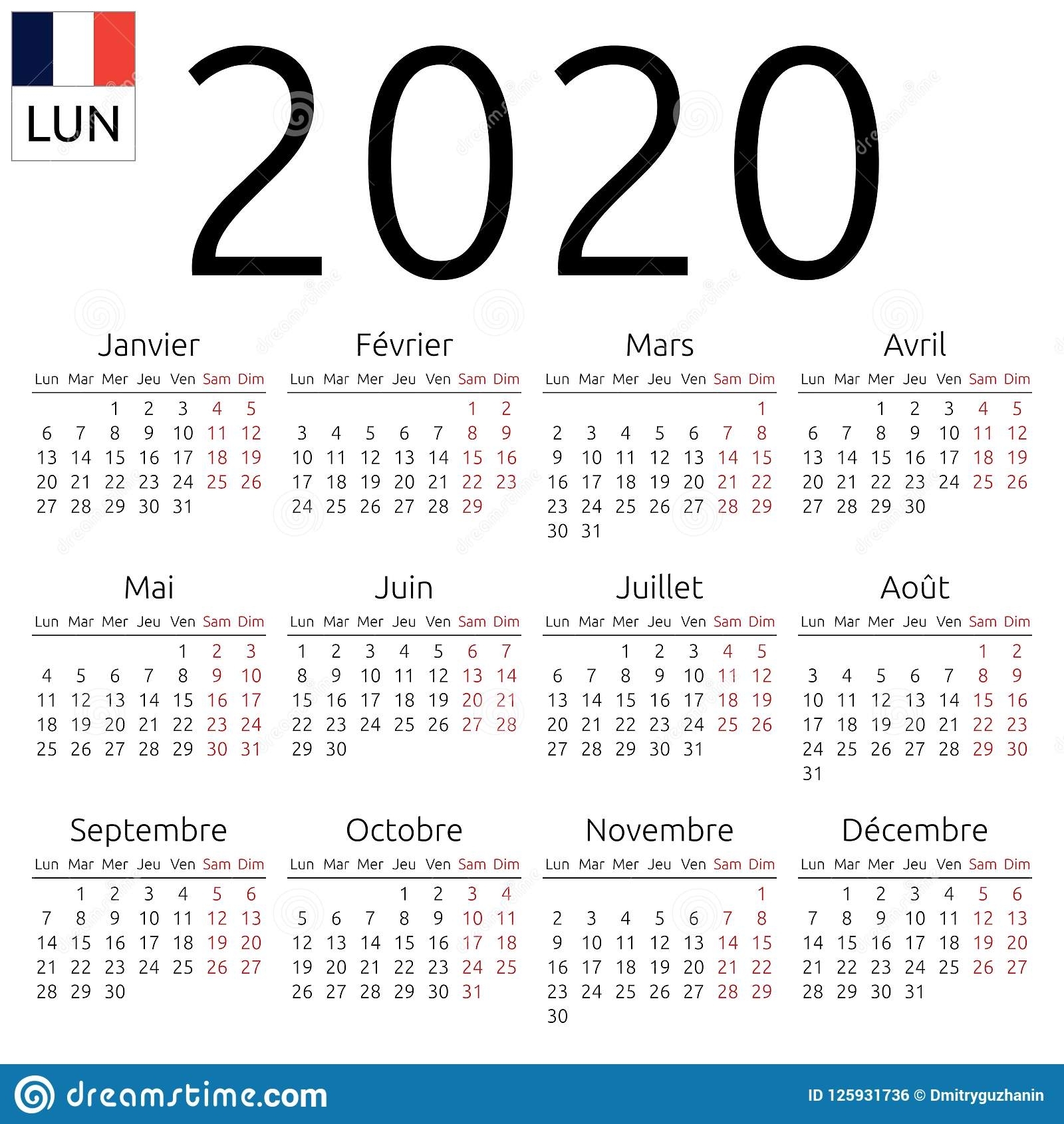 Calendar 2020, French, Monday Stock Vector - Illustration Of for Calendaer 2020 Monday To Sunday