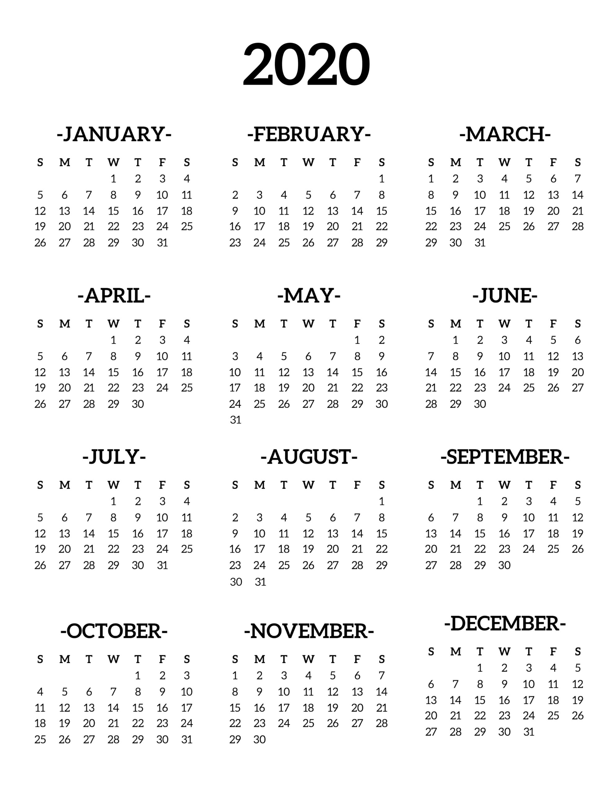 Calendar 2020 Printable One Page - Paper Trail Design pertaining to Yearly Calendar At A Glance Free Printable