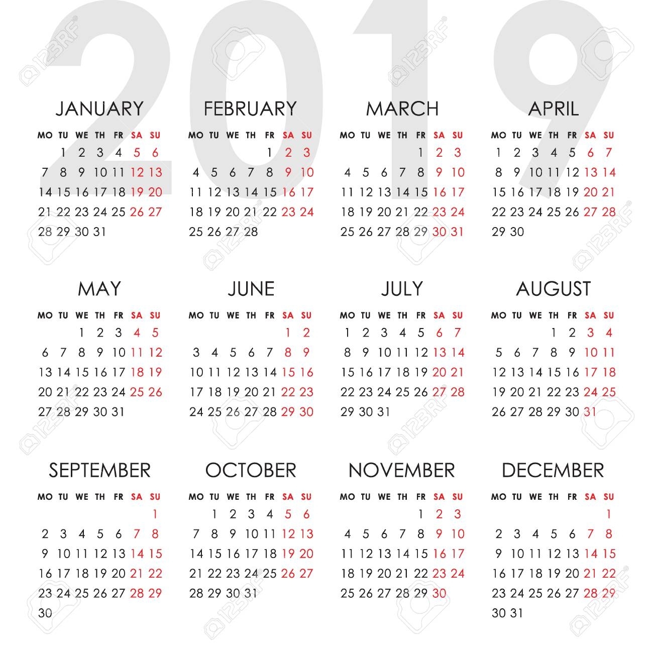 Calendar For 2019 Year Isolated On A White Background. Week Starts.. with Calendar 2019 Monday To Sunday