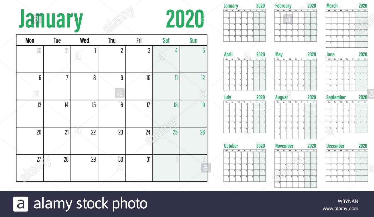 Calendar Planner 2020 Template Vector Illustration All 12 in Calendar 12-Com 2020 Monday Start