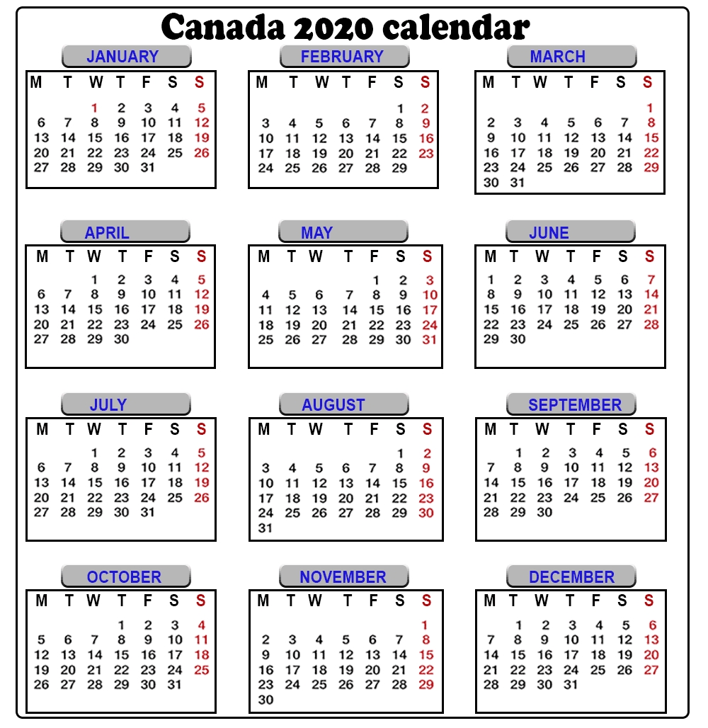 Canada 2020 Printable Calendar With Holidays, Word, Excel throughout Free Printable 2020 Canadian Calendar Motivational