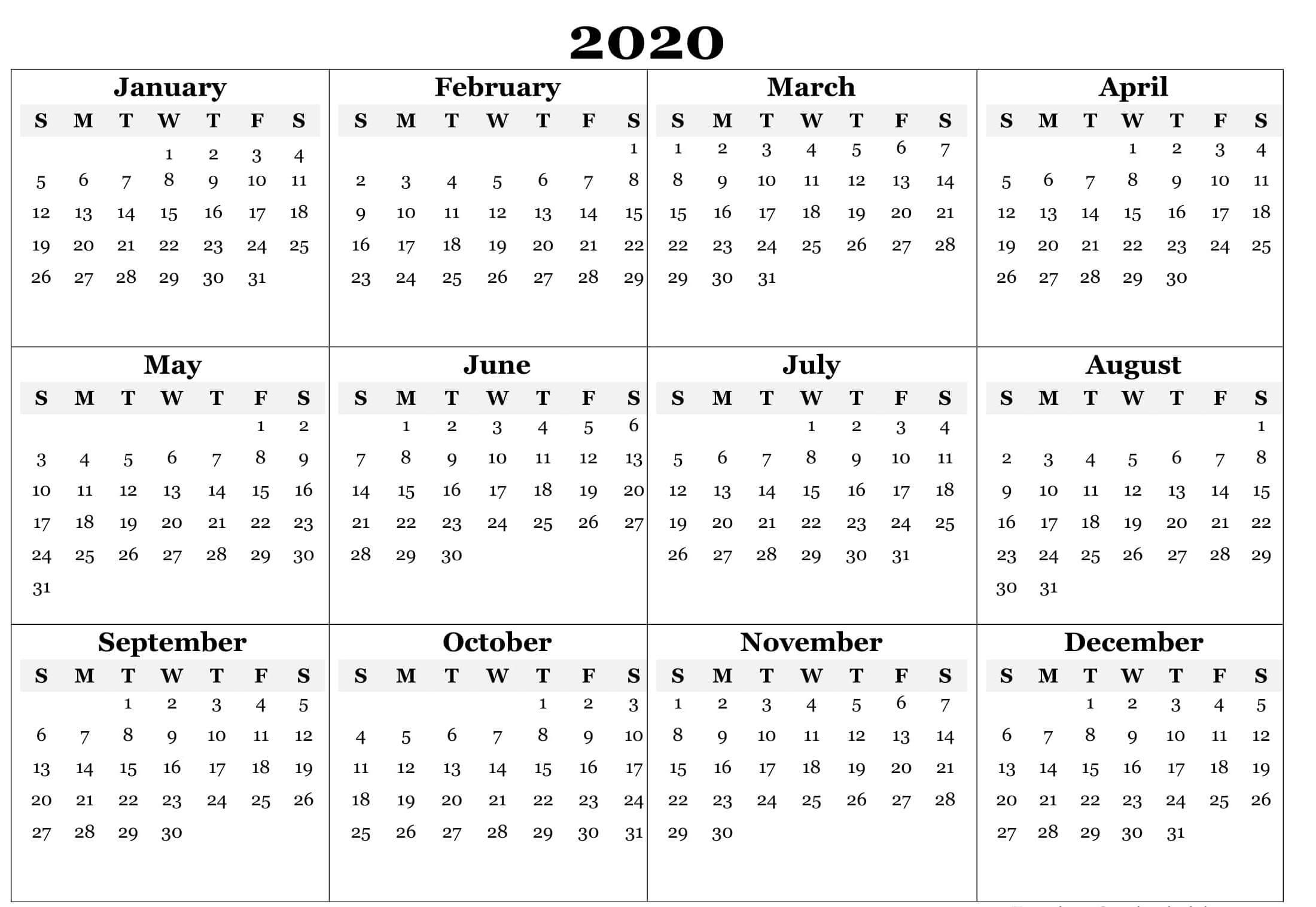 Colorful Yearly Calendar Template With Notes 2020 Word - Set with regard to 2020 Year At A Glance Calendar Template
