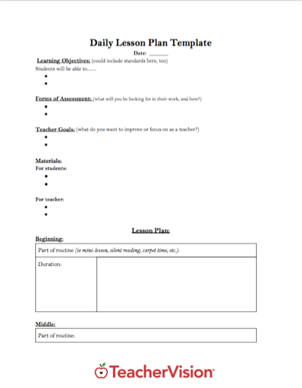 Daily Lesson Plan Template - Teachervision within Monthly Lesson Plan Template 2019