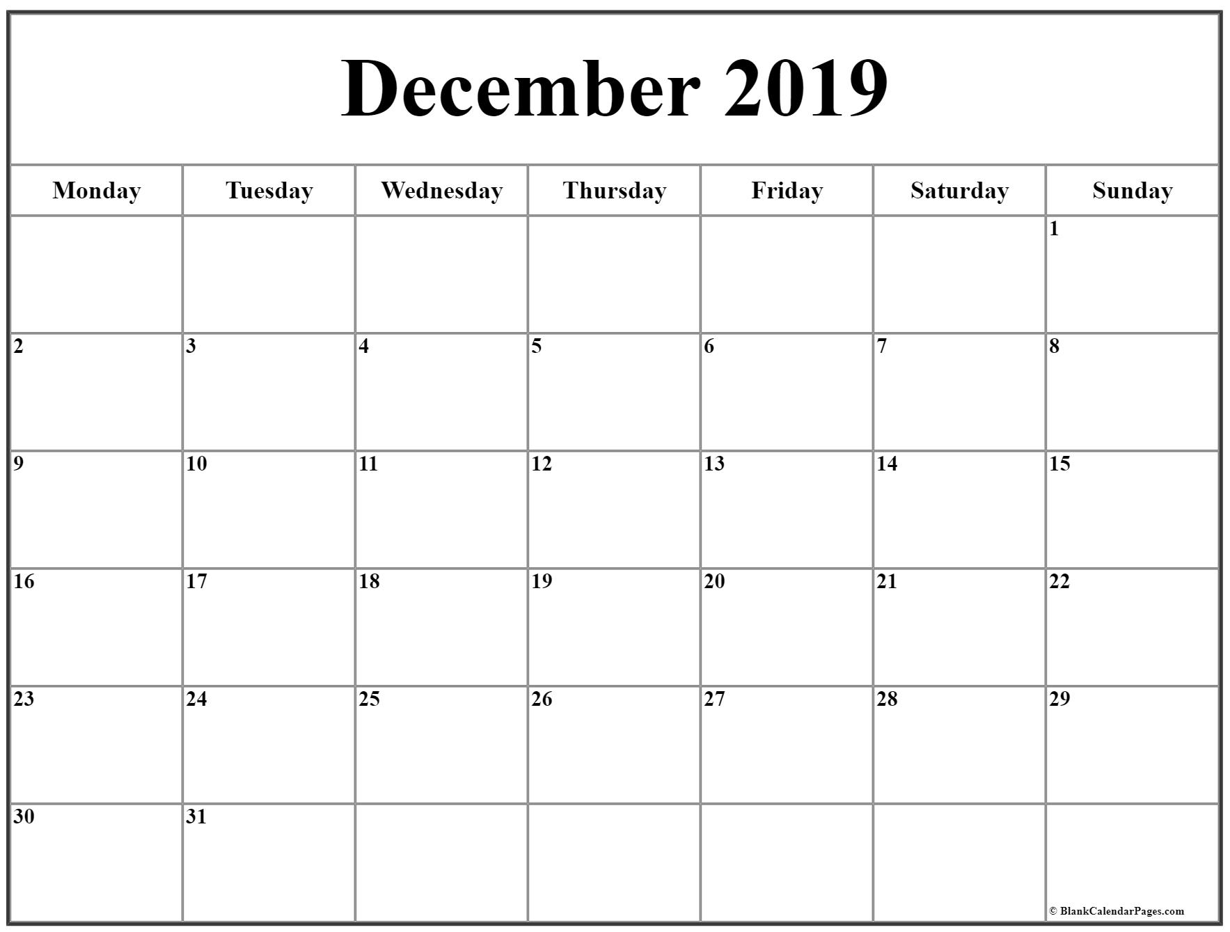 December 2019 Monday Calendar | Monday To Sunday inside Calendar 2019 Monday To Sunday