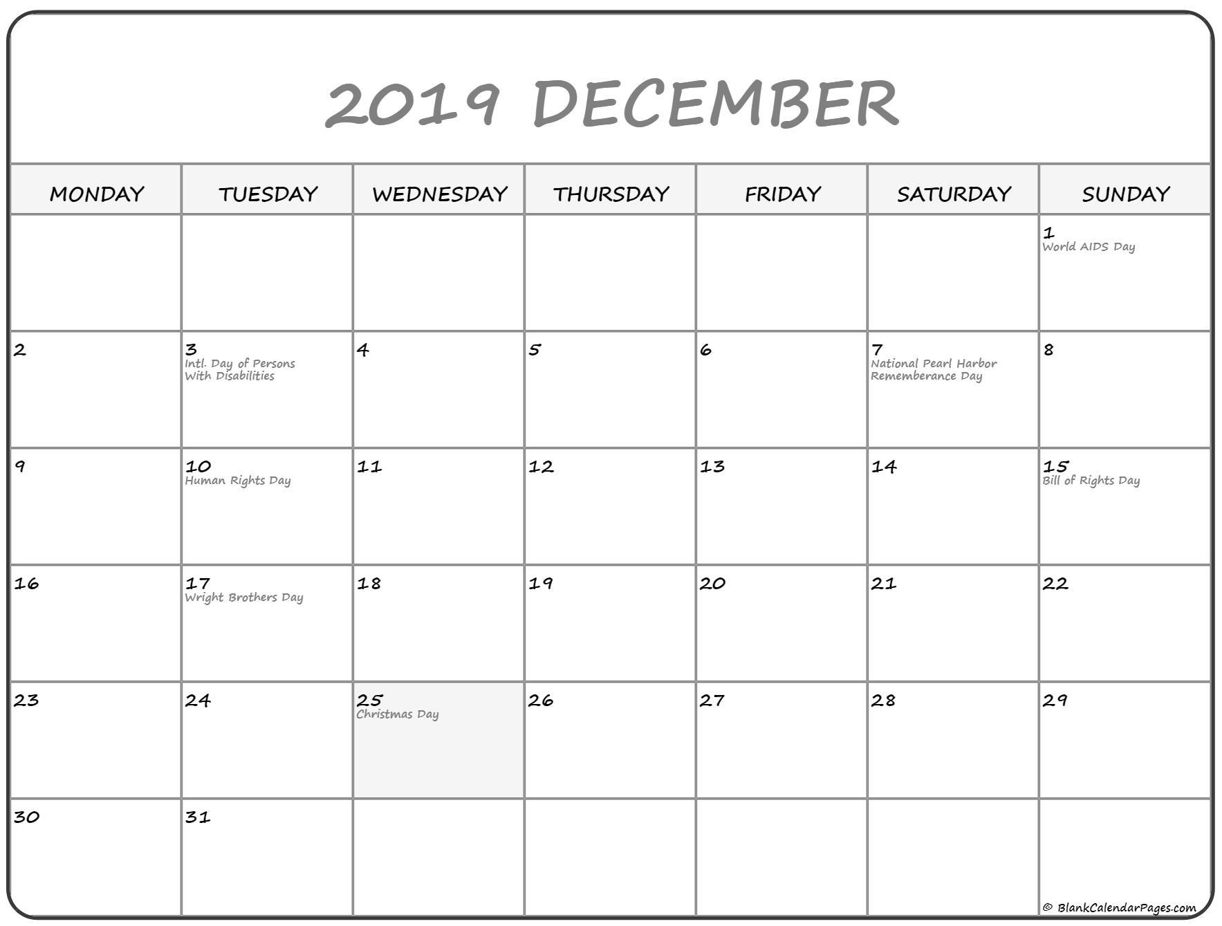 December 2019 Monday Calendar | Monday To Sunday regarding Printable Calendar Monday To Sunday