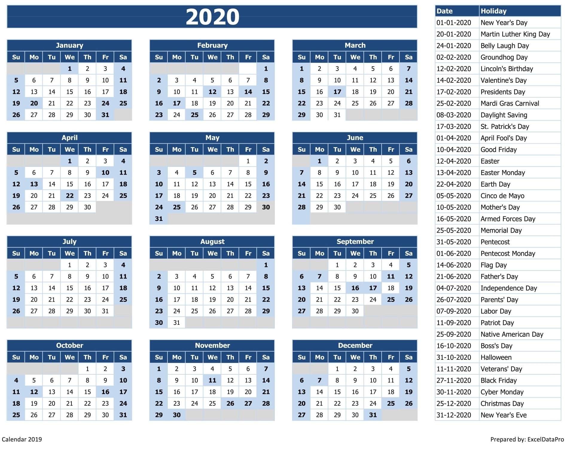 Download 2020 Yearly Calendar (Sun Start) Excel Template for 2020 Calendar With All Function