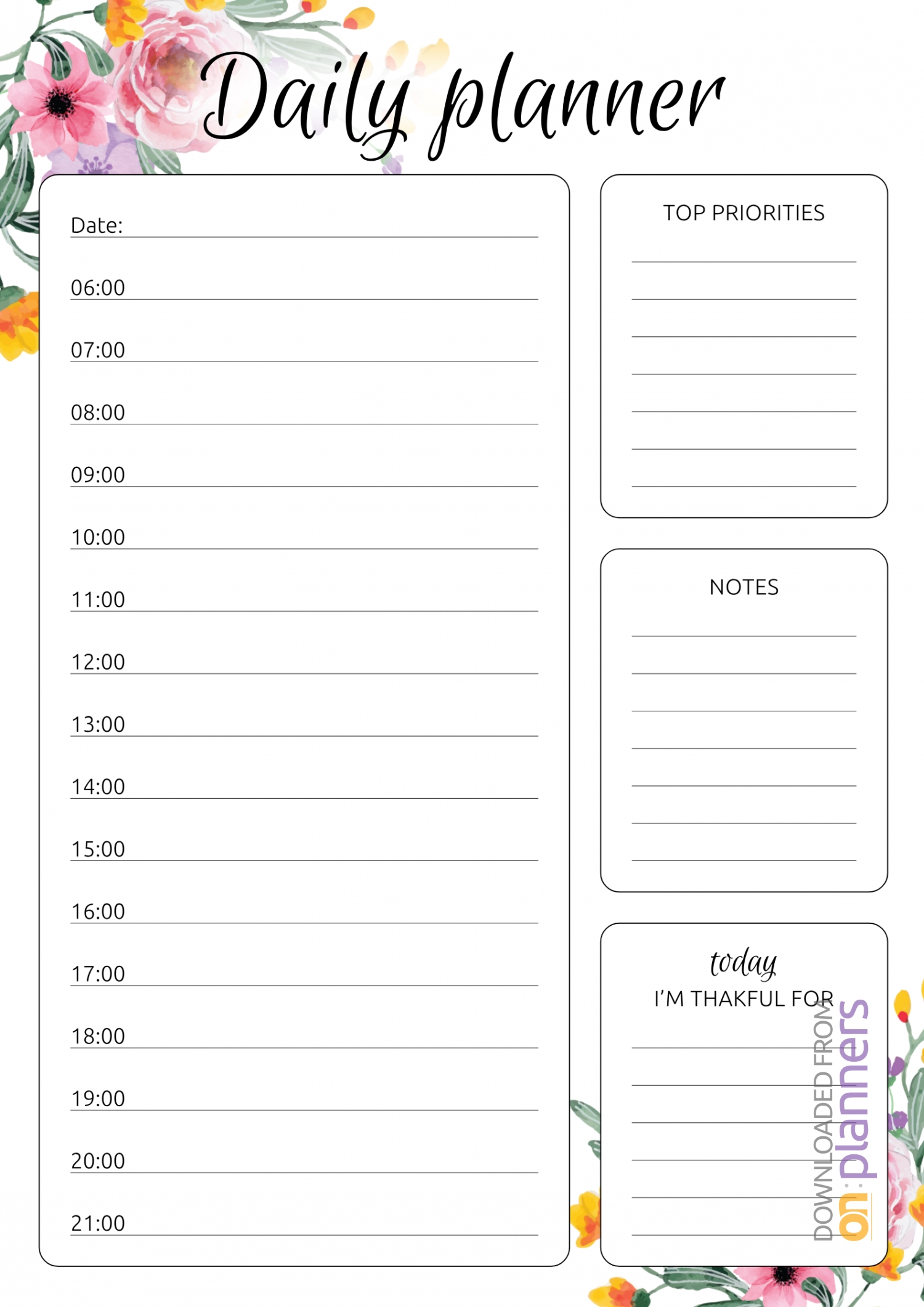 Download Printable Daily Hourly Planner With Flowers Pdf regarding Printable Half Hour Day Planner