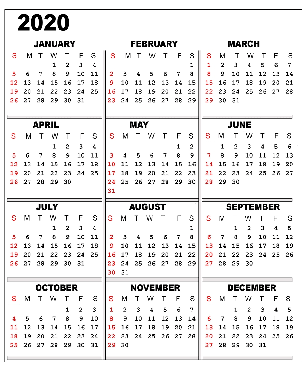 ❤️free 2020 One Page Calendar Printable Templates intended for Print Free2020 Calendars Without Downloading