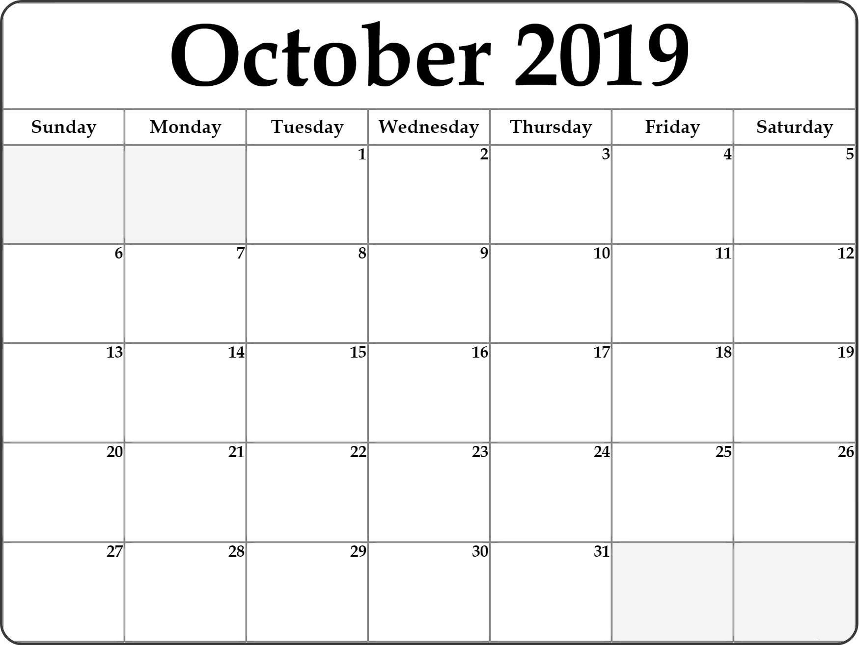 Fillable October Calendar 2019 Editable Printable Notes To throughout Printable Fill In Calendar 2019