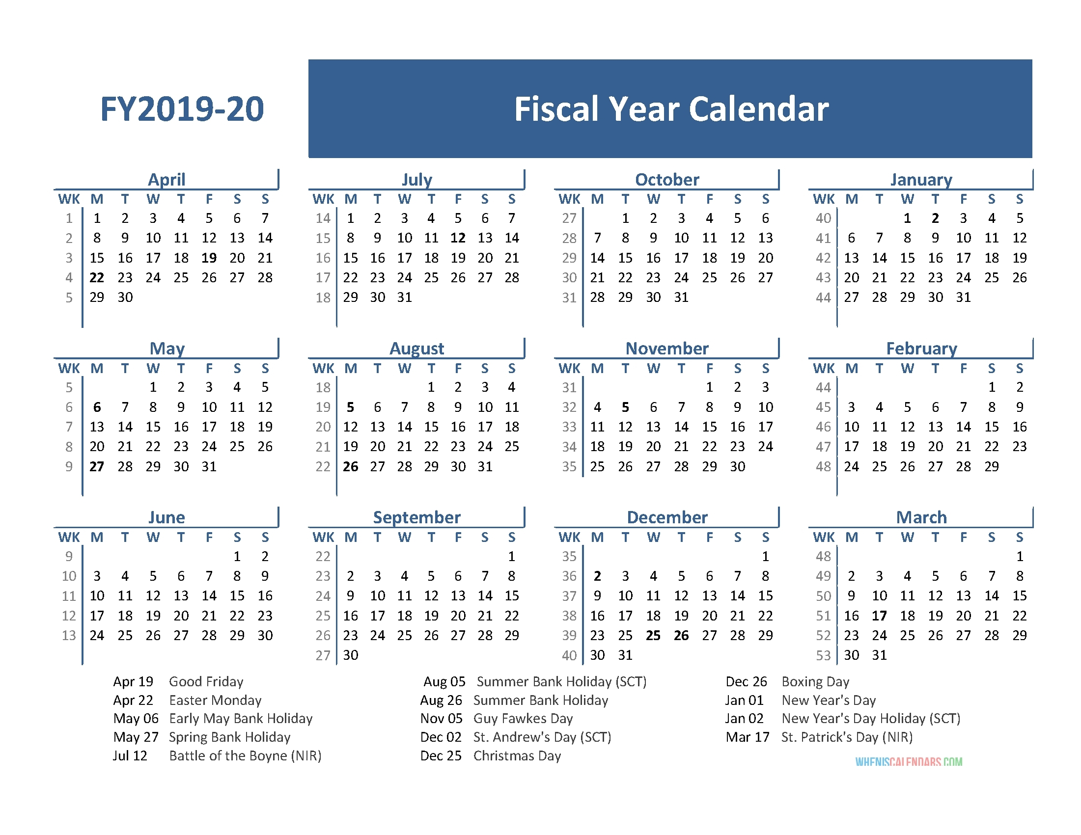 Fiscal Year 2019 Calendar With Holidays (April 2019-March for 4 5 5 Fiscal 2020 Calendar