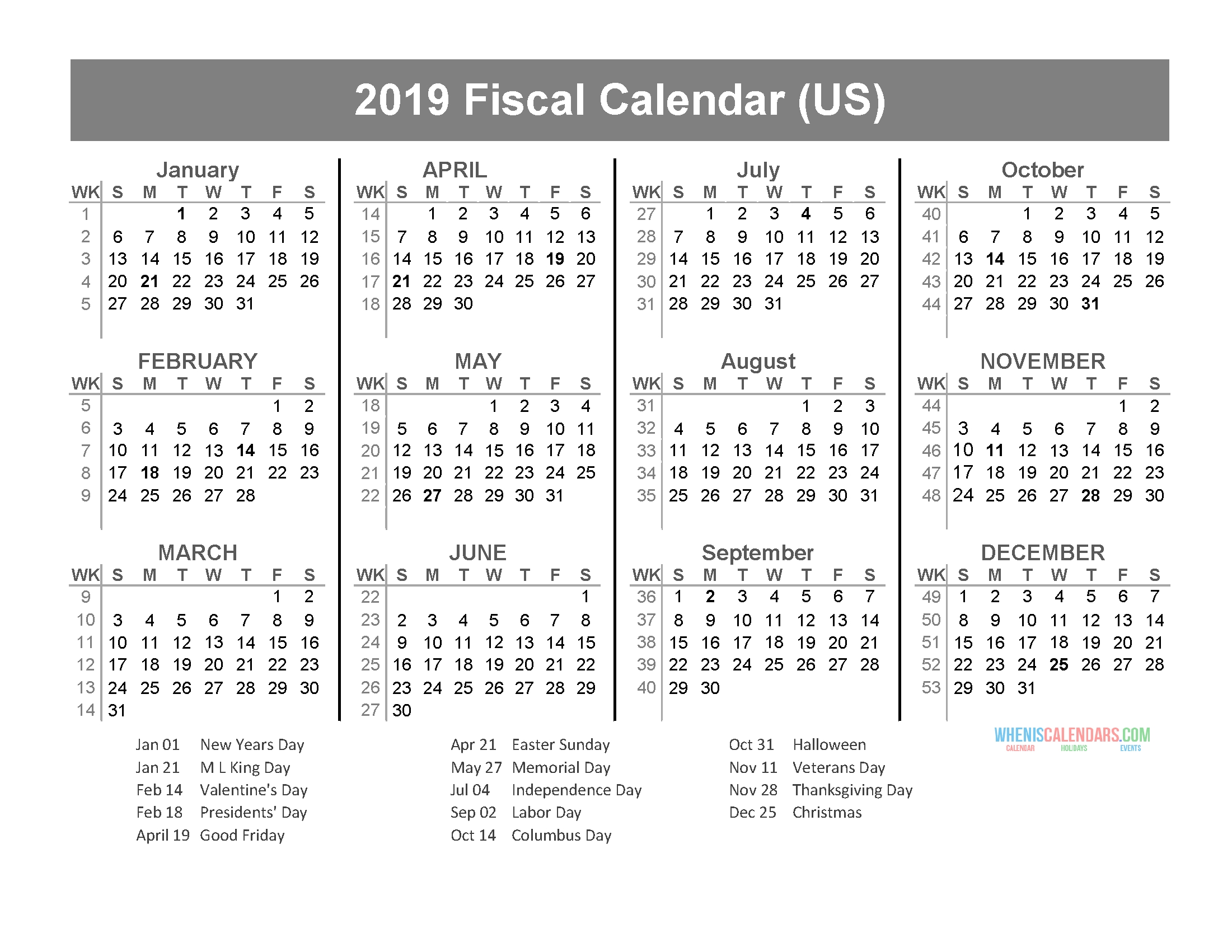 Fiscal Year 2019 Calendar With Us Holidays (January To intended for 2019 Fiscal Calendar 4 4 5