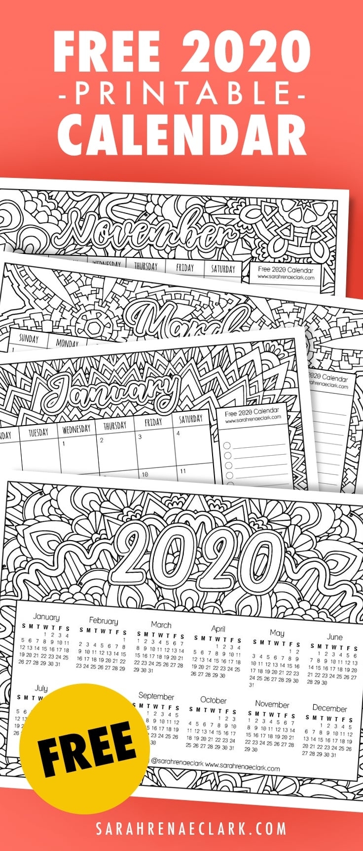 Free 2020 Printable Coloring Calendar -Sarah Renae Clark in Adult Coloring 2020 Calendar Printable