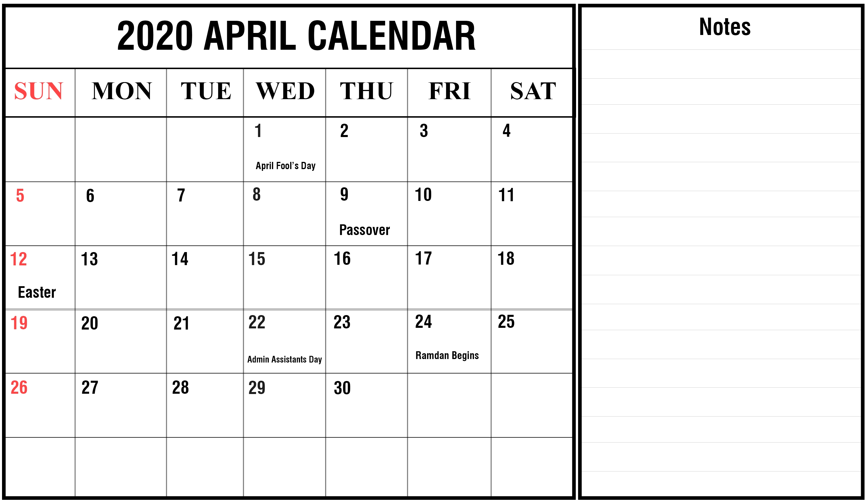 Free April Calendar 2020 Printable Editable Template for Printable Calendar 2020 Monthly With Holidays