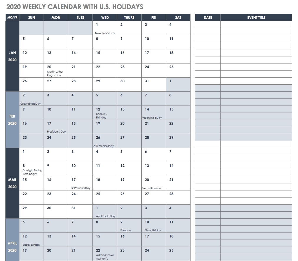 Free Blank Calendar Templates - Smartsheet throughout 2020 Calendar With Spaces To Write On Free