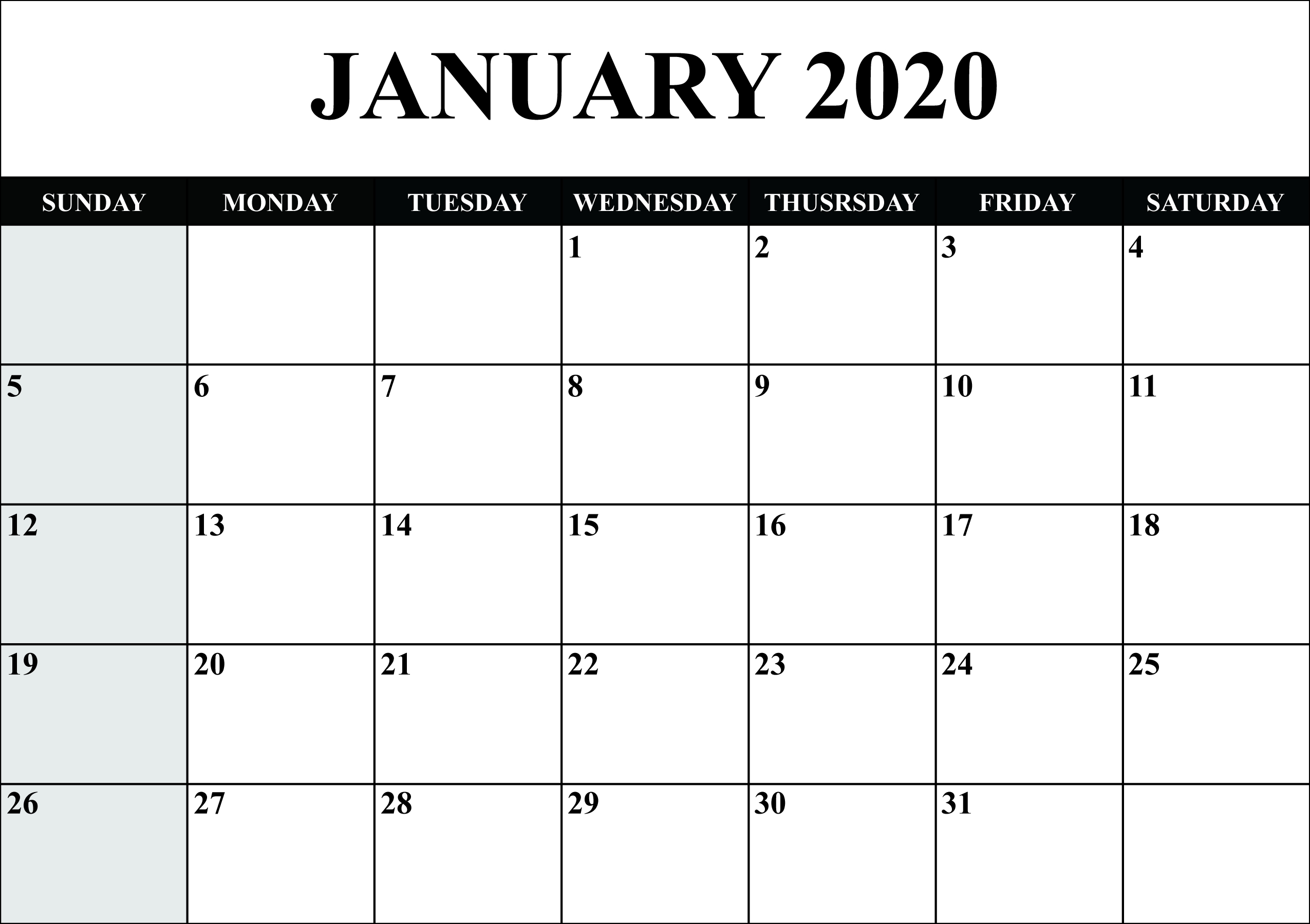 Free Blank January 2020 Calendar Printable In Pdf, Word with regard to Downloadable Calendar 2020 For Word