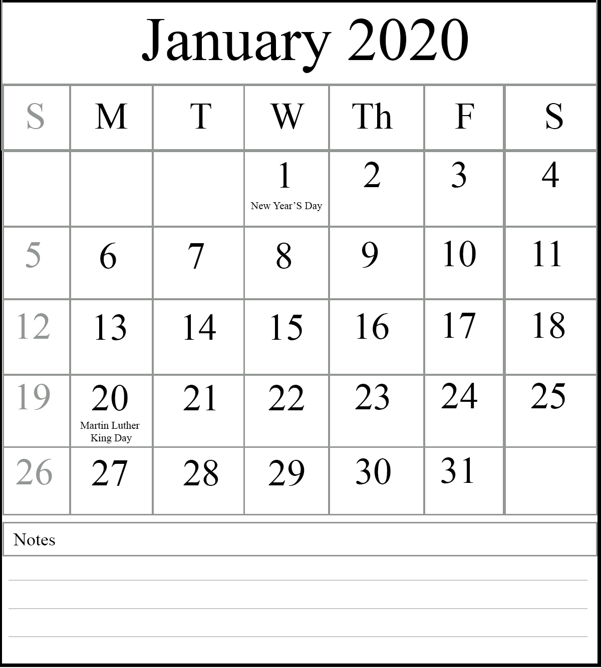 Free January 2020 Printable Calendar In Pdf, Excel &amp; Word with Printable Calenar For 2020 With Space To Write