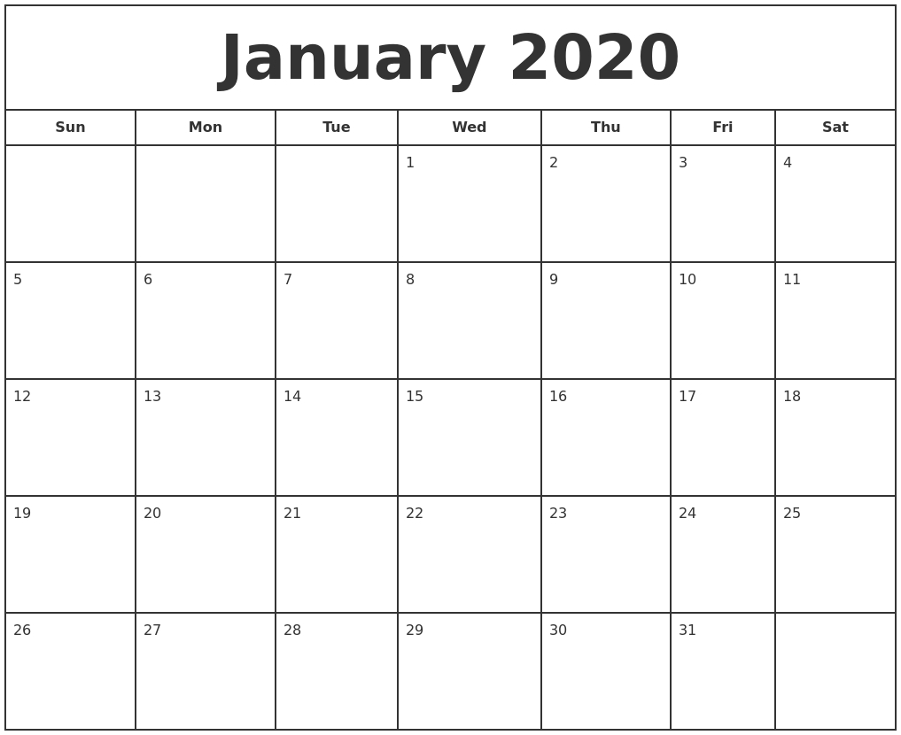 Free January Calendar 2020 Printable Template Blank In Pdf inside Blank Fill In Calendar 2020