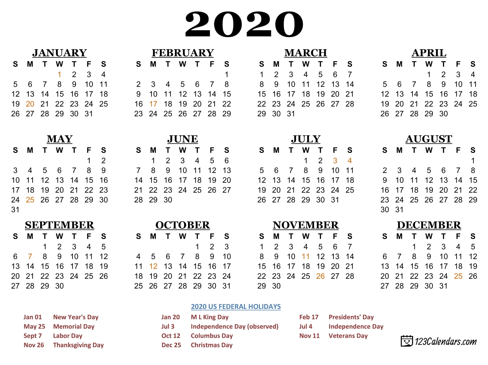 Free Printable 2020 Calendar | 123Calendars for 2020 Pocket Size Calendar Free