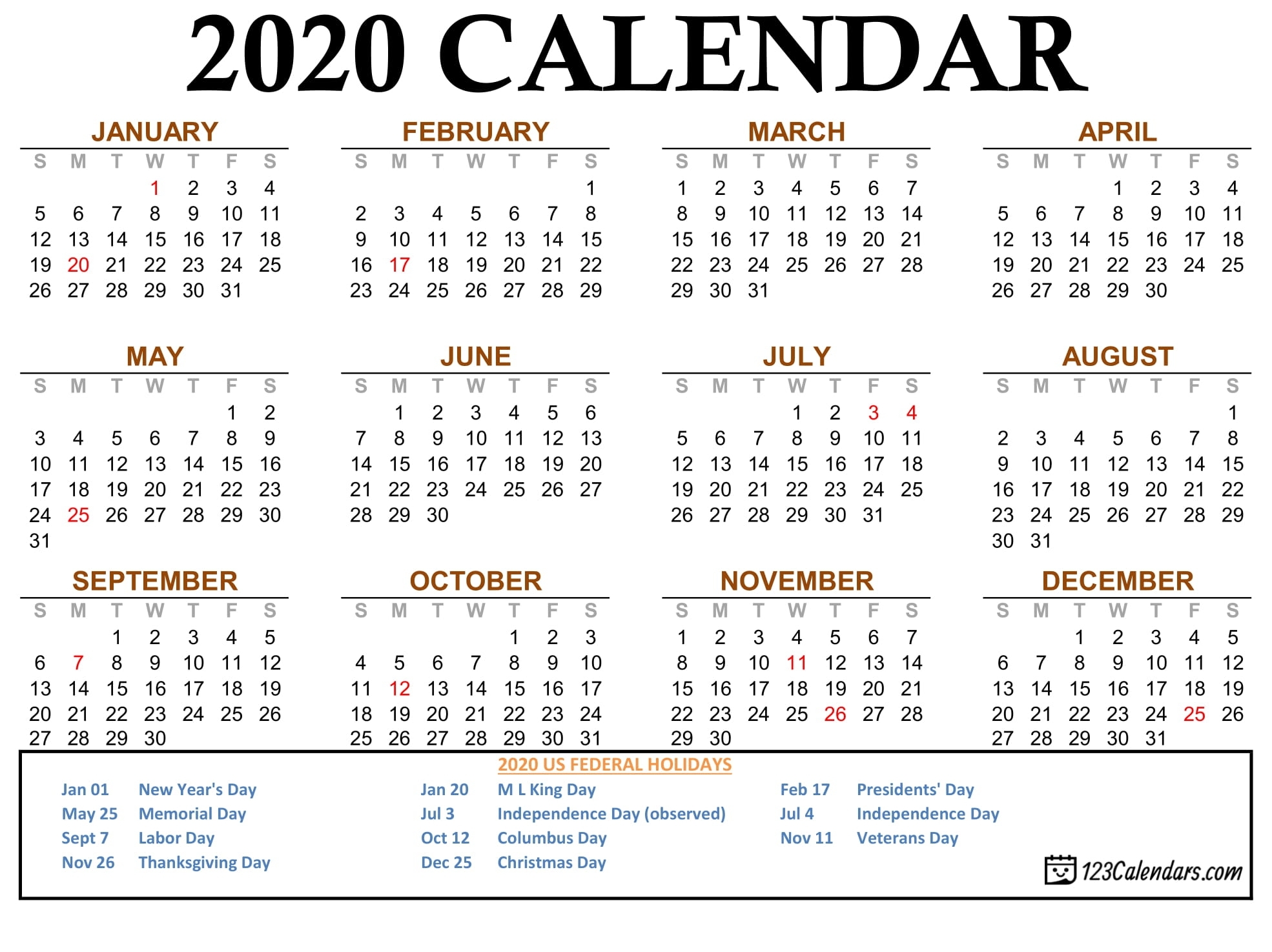 Free Printable 2020 Calendar | 123Calendars in 2020 Pocket Size Calendar Free