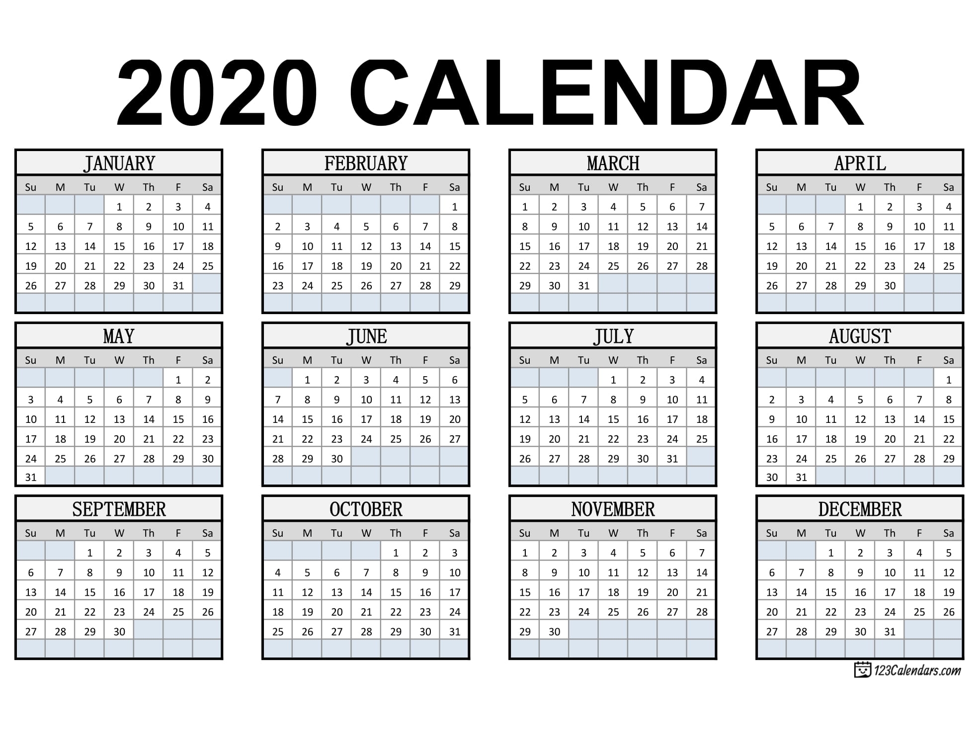 Free Printable 2020 Calendar | 123Calendars in Free Printable Pocket Calendar 2020