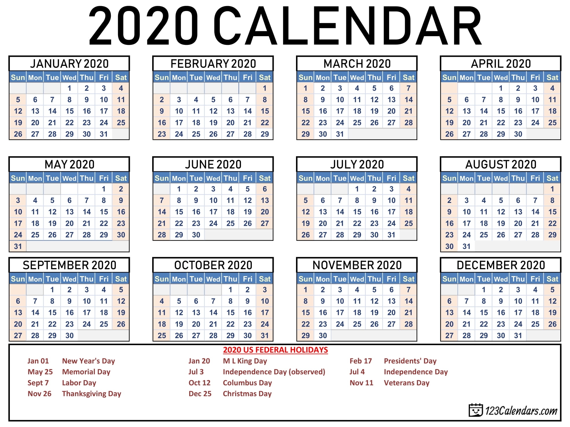 Free Printable 2020 Calendar | 123Calendars in How To Print A Pocket Calander