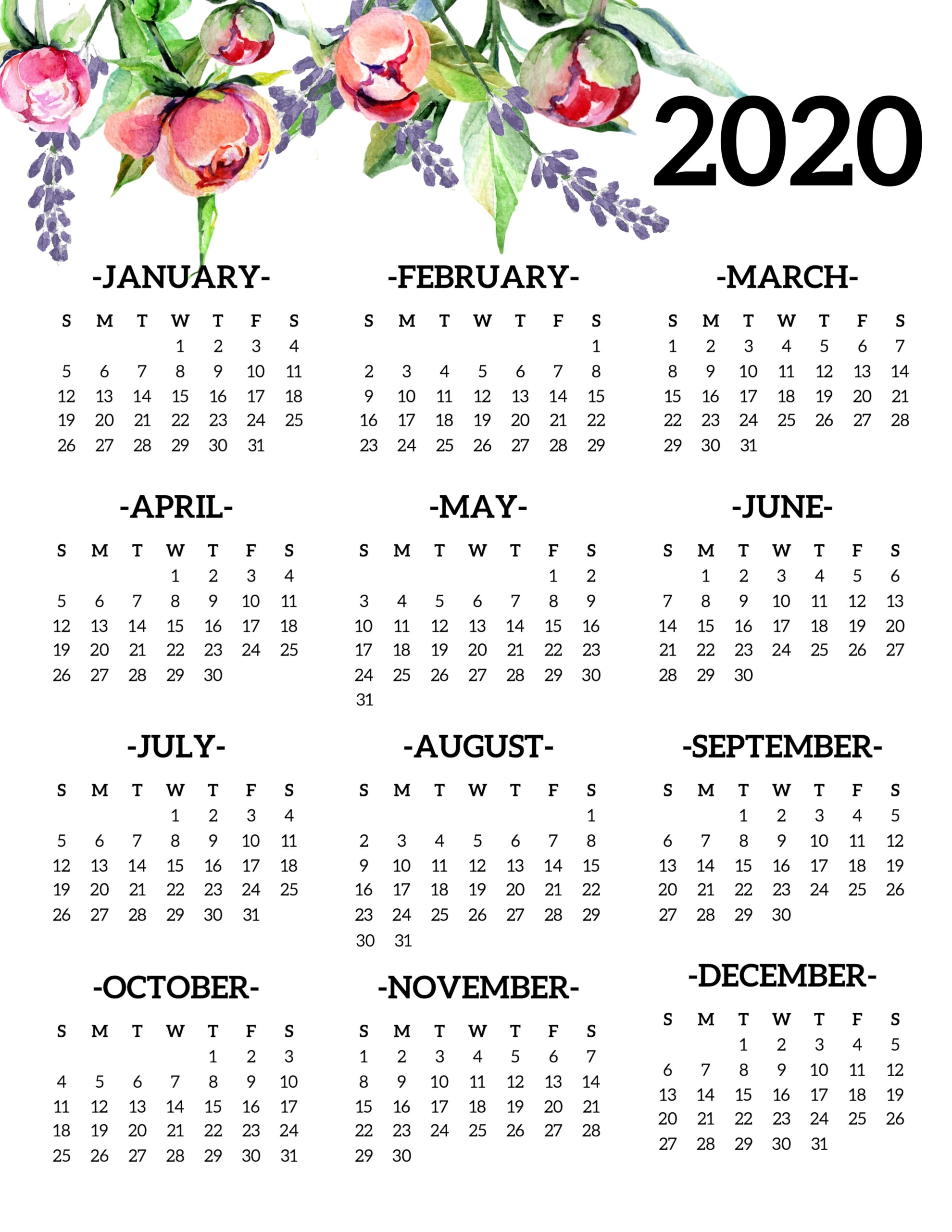 Free Printable 2020 Calendar Yearly One Page Floral - Paper for Yearly Calendar At A Glance Free Printable