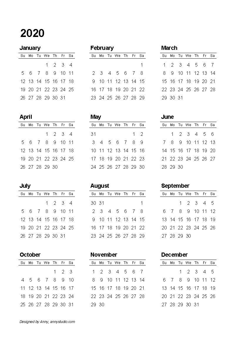 2020 Pocket Size Calendar Free - Calendar Inspiration Design