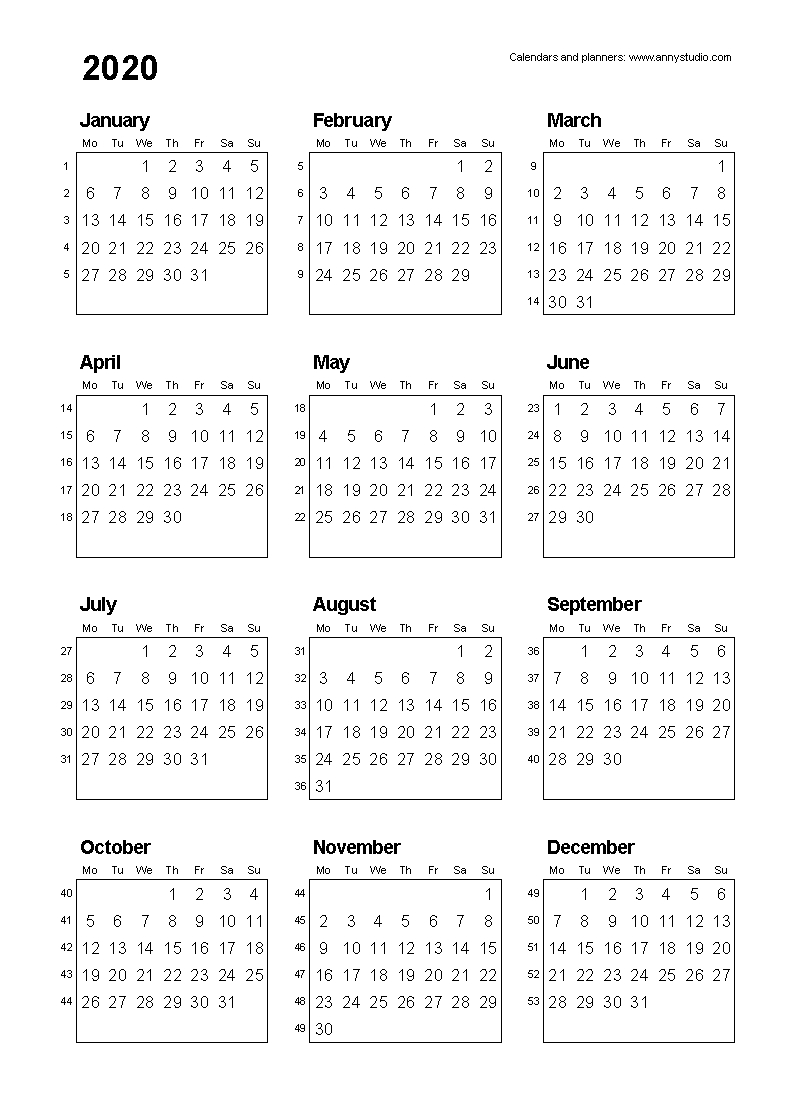 Free Printable Calendars And Planners 2020, 2021, 2022 in 2020 Calendar With Monday Start