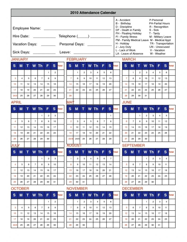 Free Printable Employee Attendance Calendar Template 2016 pertaining to 2020 Year At A Glace Attendance Calendar
