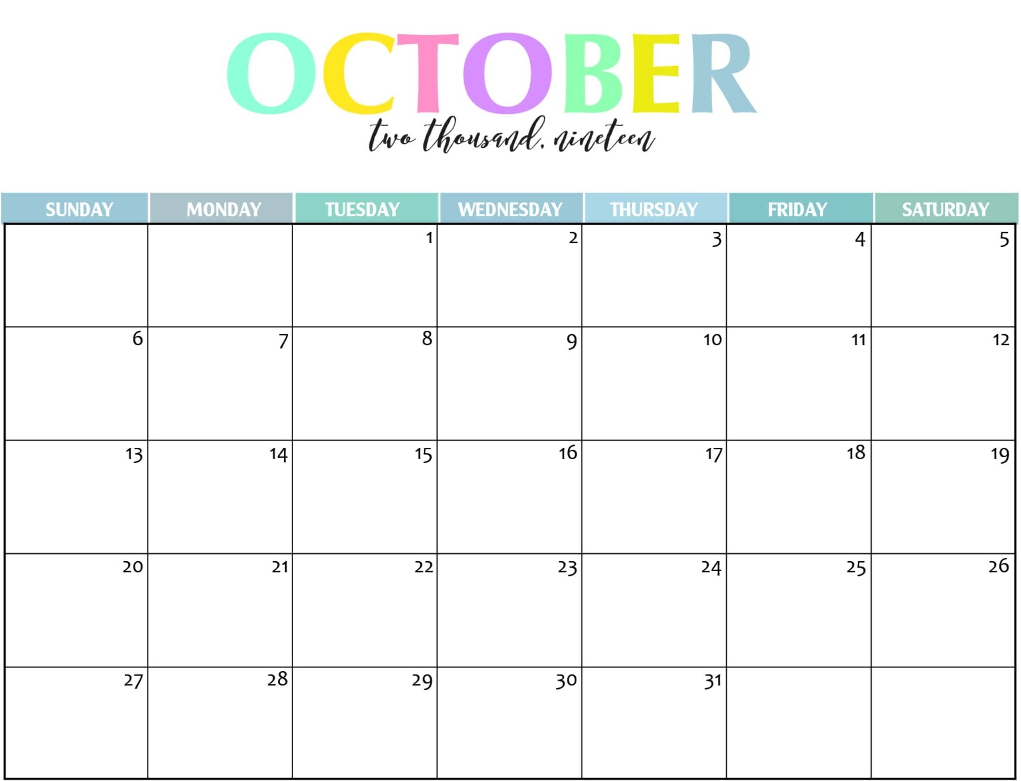 Free Printable October 2019 Calendar Editable - Set Your regarding Printable Calendar 2019 With Lines